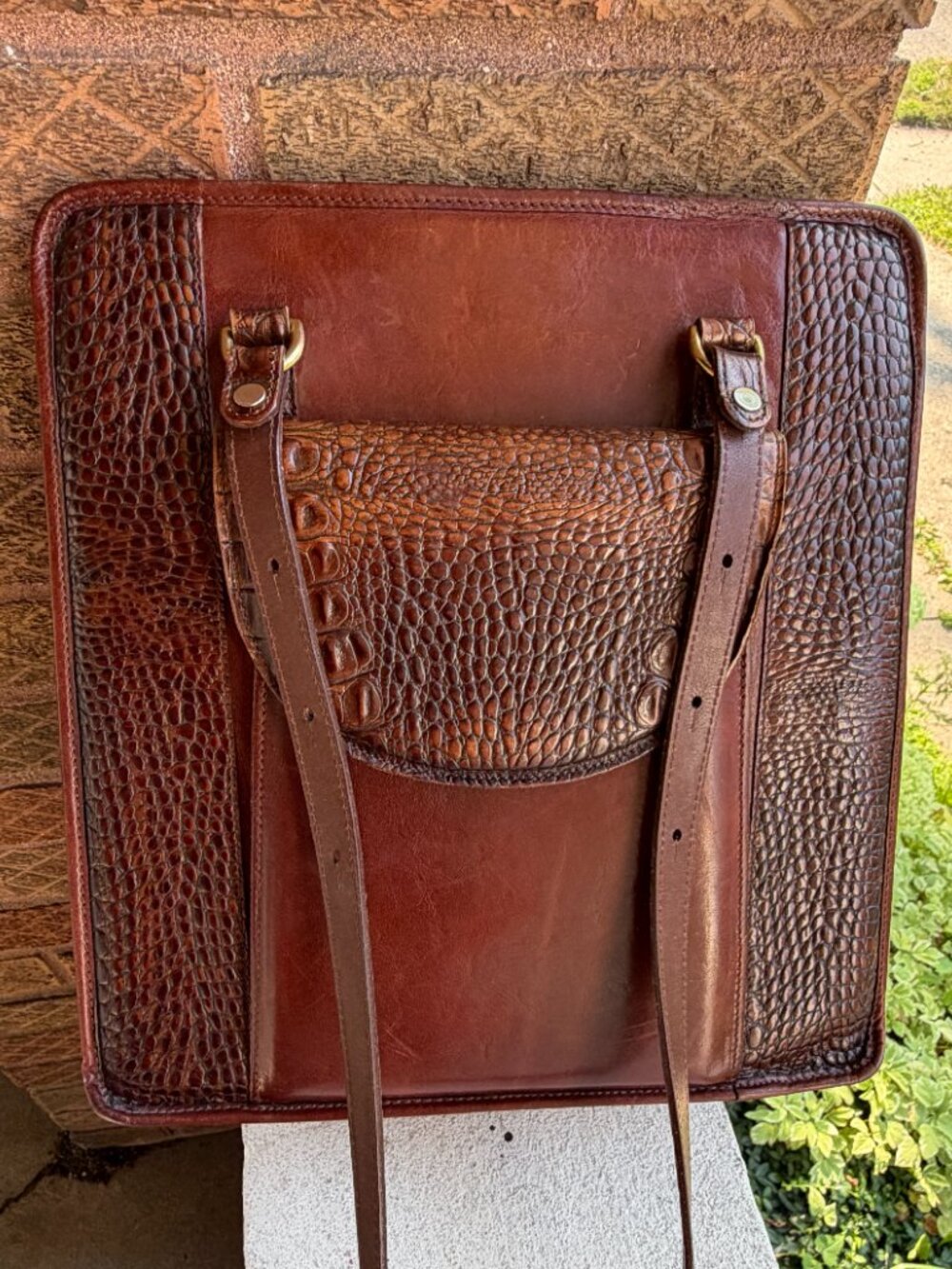 BRAHMIN Vintage USA 80s Pecan Large Office Book Moc Croc Tote Shoulder Bag Rare